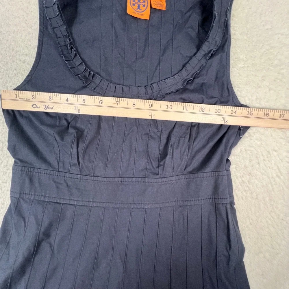 Tory Burch Pleated Sheath Dress Size 2 Navy Blue Sleeveless Ruffle Trim Preppy